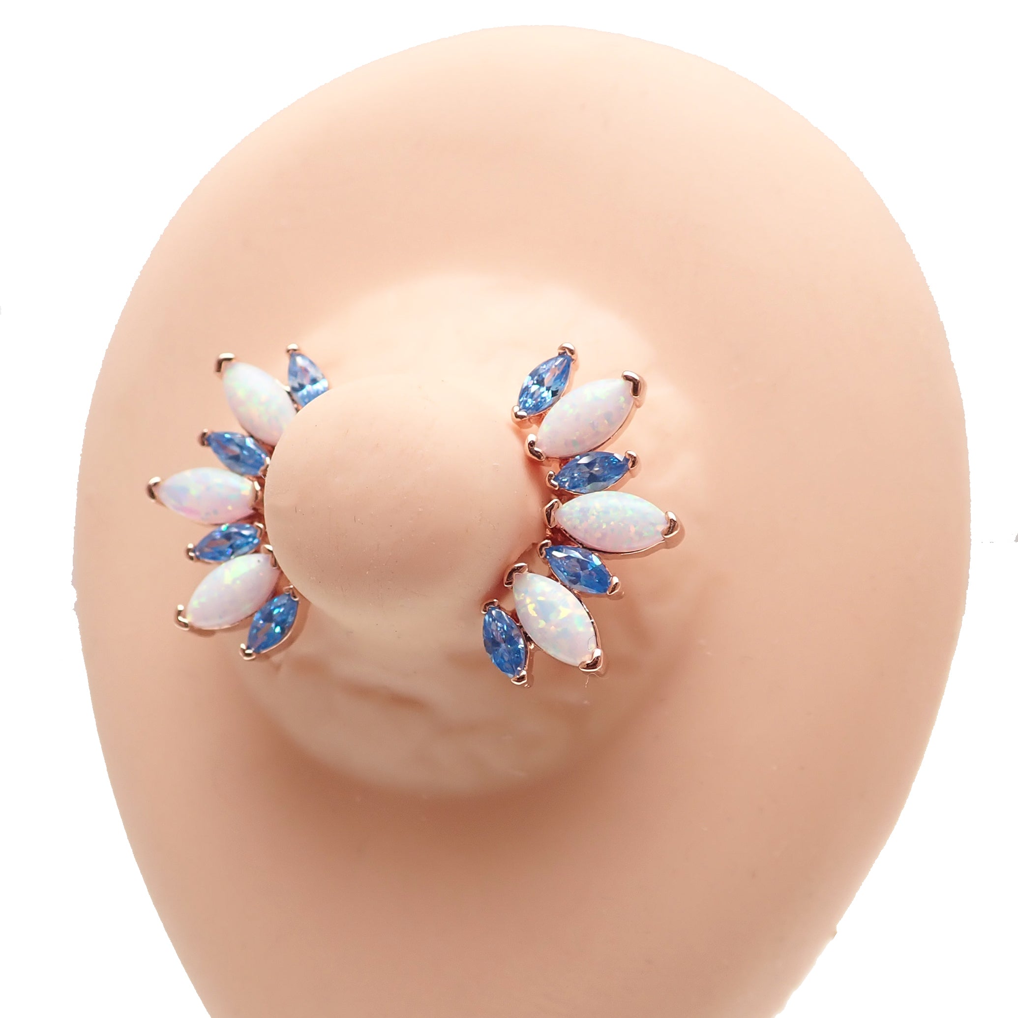 Steel nipple bar with blue cubic zirconia, white opal accents, rose gold dip, 14 gauge body jewelry by Body Clickers