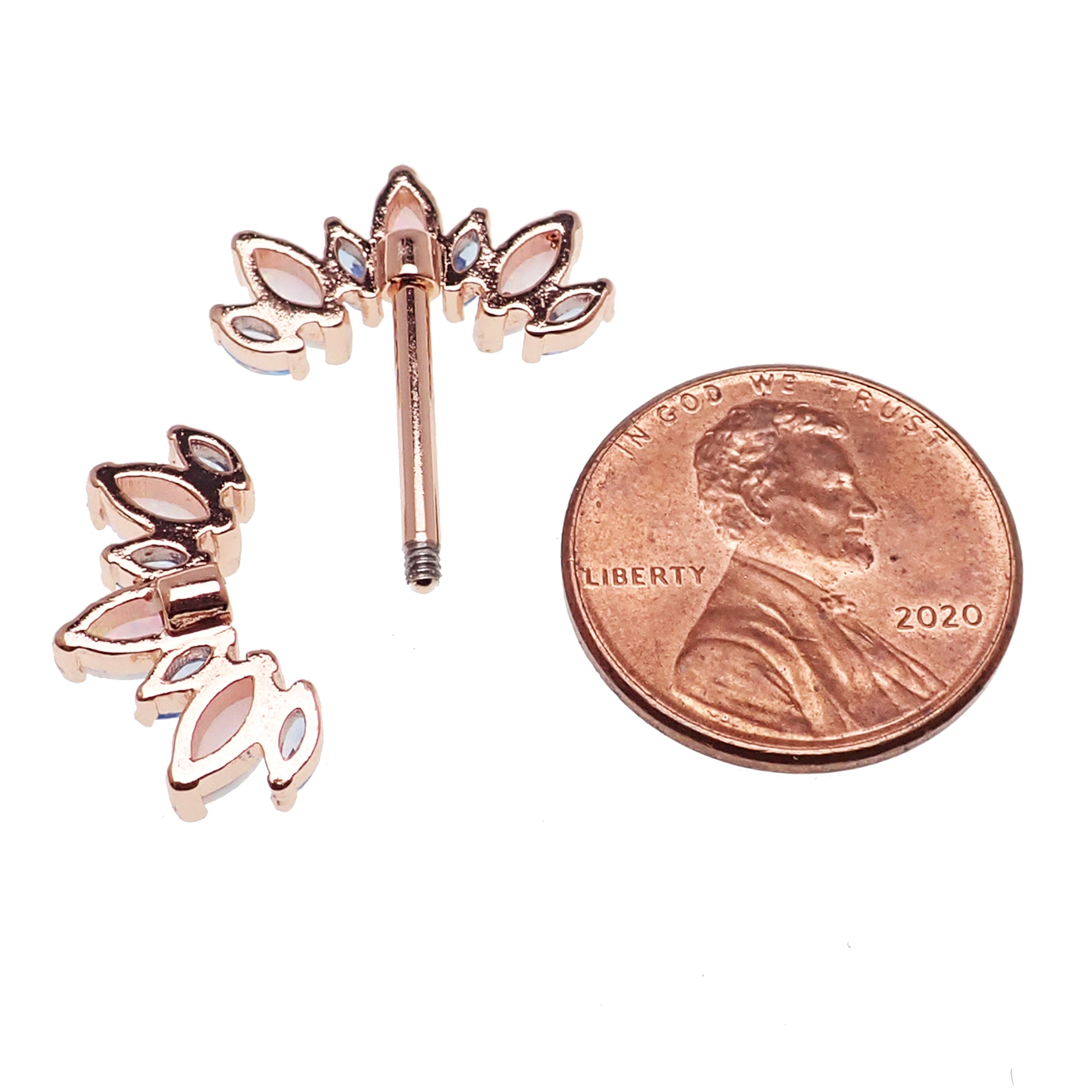 Blue CZ and white opal rose gold-dipped steel nipple bar body jewelry, 14g, with decorative gemstone accents.