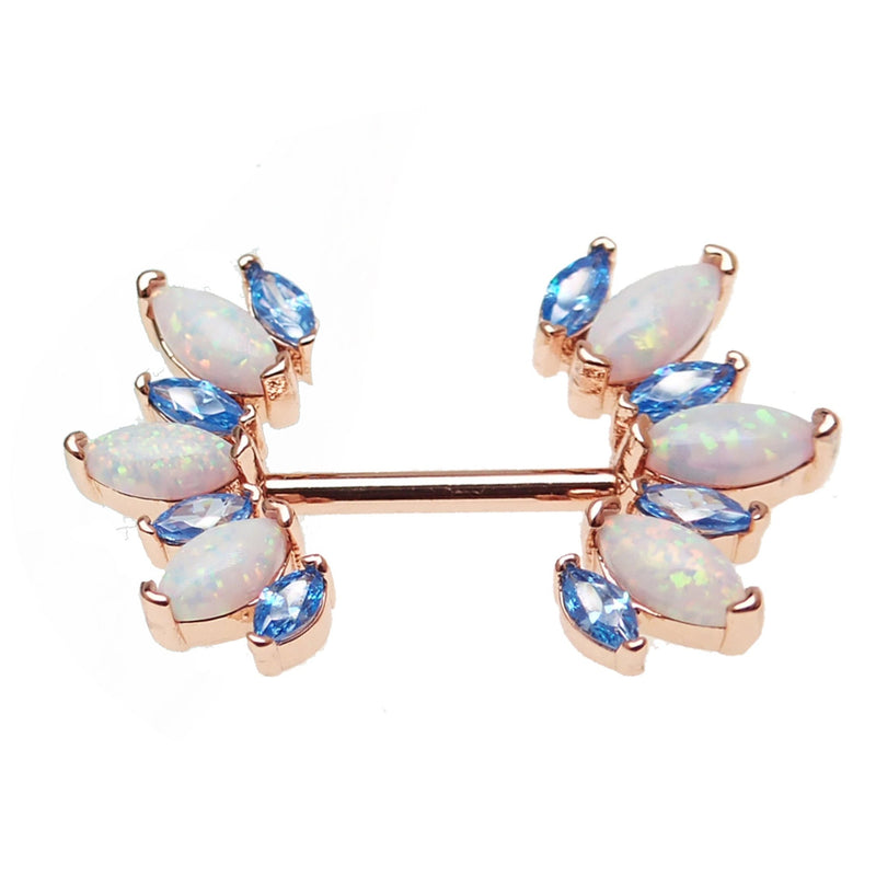 Blue cubic zirconia and white opal rose gold-dipped steel nipple bar, 14g, Body Clickers body jewelry for pierced nipples