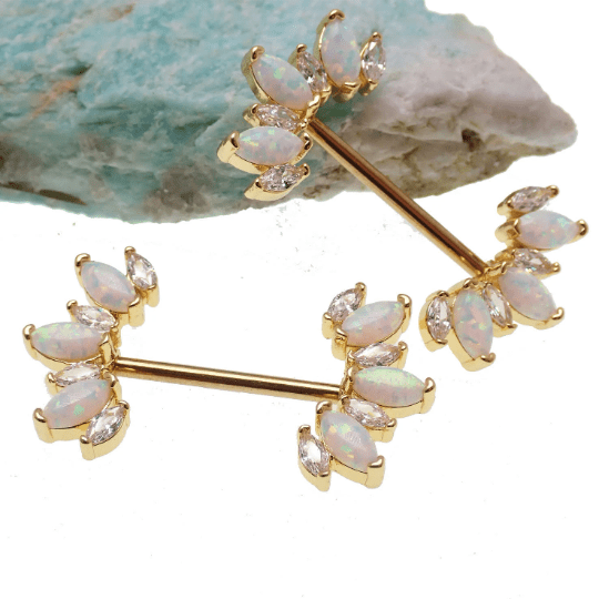 Clear CZ and white opal gold-dipped steel nipple bar, 14g, body jewelry by Body Clickers, featuring a sleek 12mm decorative design.