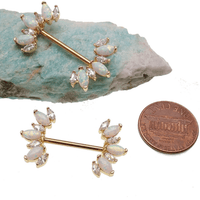 Clear CZ and white opal gold-dipped steel nipple bar, 14g, with decorative gemstones, from Body Clickers body jewelry collection.