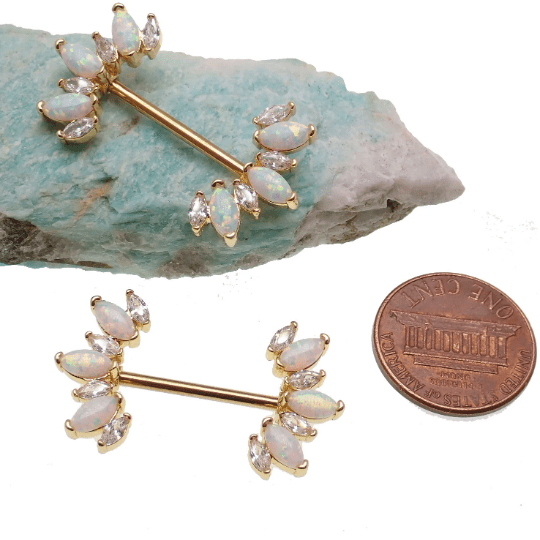 Clear CZ and white opal gold-dipped steel nipple bar, 14g, with decorative gemstones, from Body Clickers body jewelry collection.
