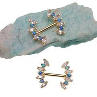 Pacific Blue Opal and Clear CZ steel nipple bar in 14g body jewelry by Body Clickers, featuring a sleek 12mm bar.