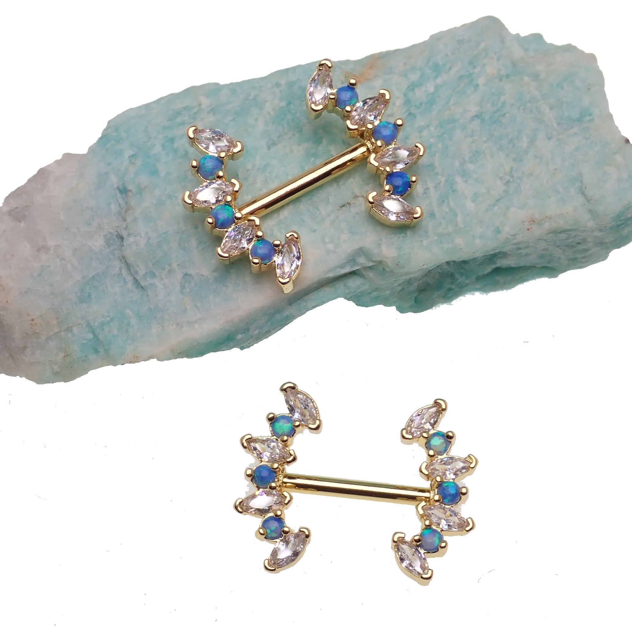 Pacific Blue Opal and Clear CZ steel nipple bar in 14g body jewelry by Body Clickers, featuring a sleek 12mm bar.