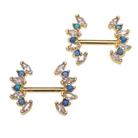 Pacific Blue Opal and Clear CZ steel nipple bar in 14g, Body Clickers body jewelry with 12mm length and polished finish.