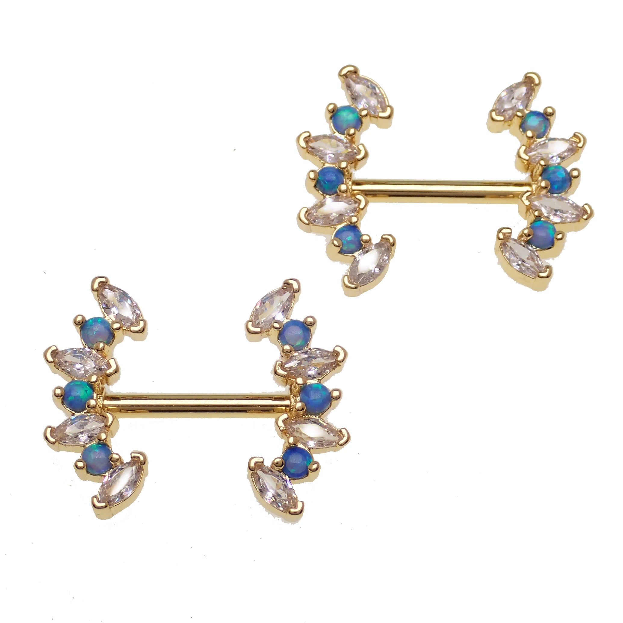 Pacific Blue Opal and Clear CZ steel nipple bar in 14g, Body Clickers body jewelry with 12mm length and polished finish.
