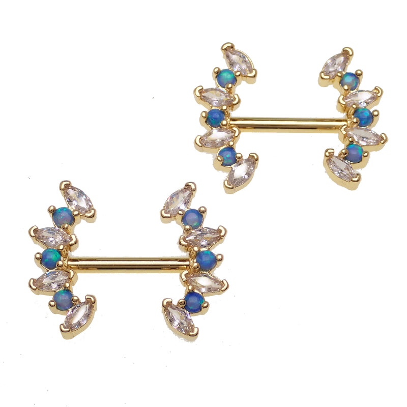 Pacific Blue Opal and Clear CZ steel nipple bar in 14g, Body Clickers body jewelry with 12mm length and polished finish.