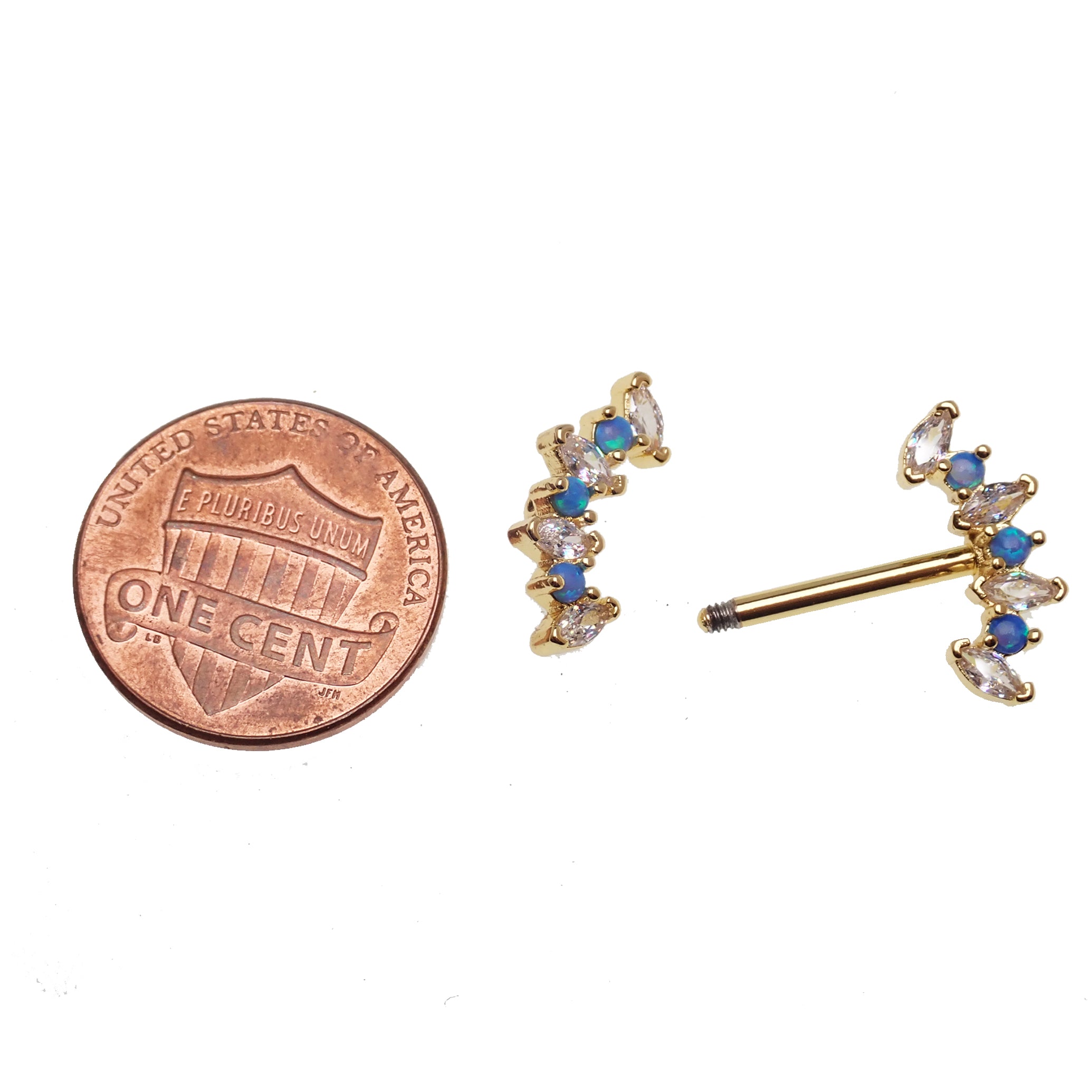 Pacific Blue Opal and Clear CZ steel nipple bar in 14g body jewelry by Body Clickers, featuring a sleek and stylish design.