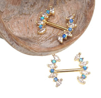Pacific Blue Opal and Clear CZ steel nipple bar 14g body jewelry by Body Clickers with 12mm length.