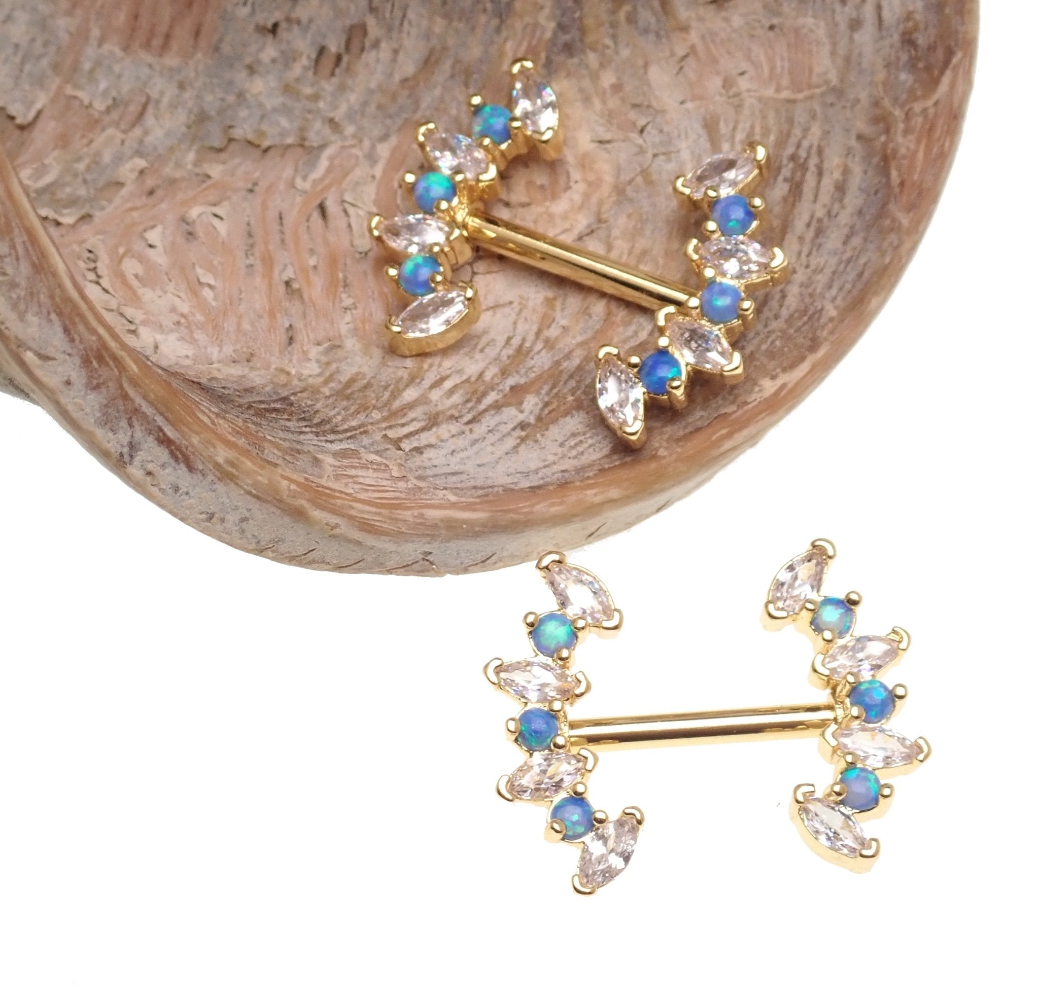 Pacific Blue Opal and Clear CZ steel nipple bar 14g body jewelry by Body Clickers with 12mm length.