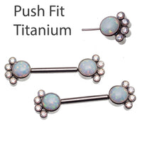 Body Clickers paw print CZ and white opal nipple bar, 14g body jewelry with 12mm decorative design and silver-tone finish.