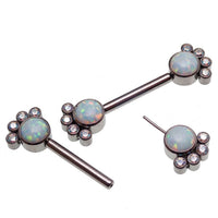 Paw print CZ and white opal nipple bar in 14g body jewelry by Body Clickers with 12mm design.