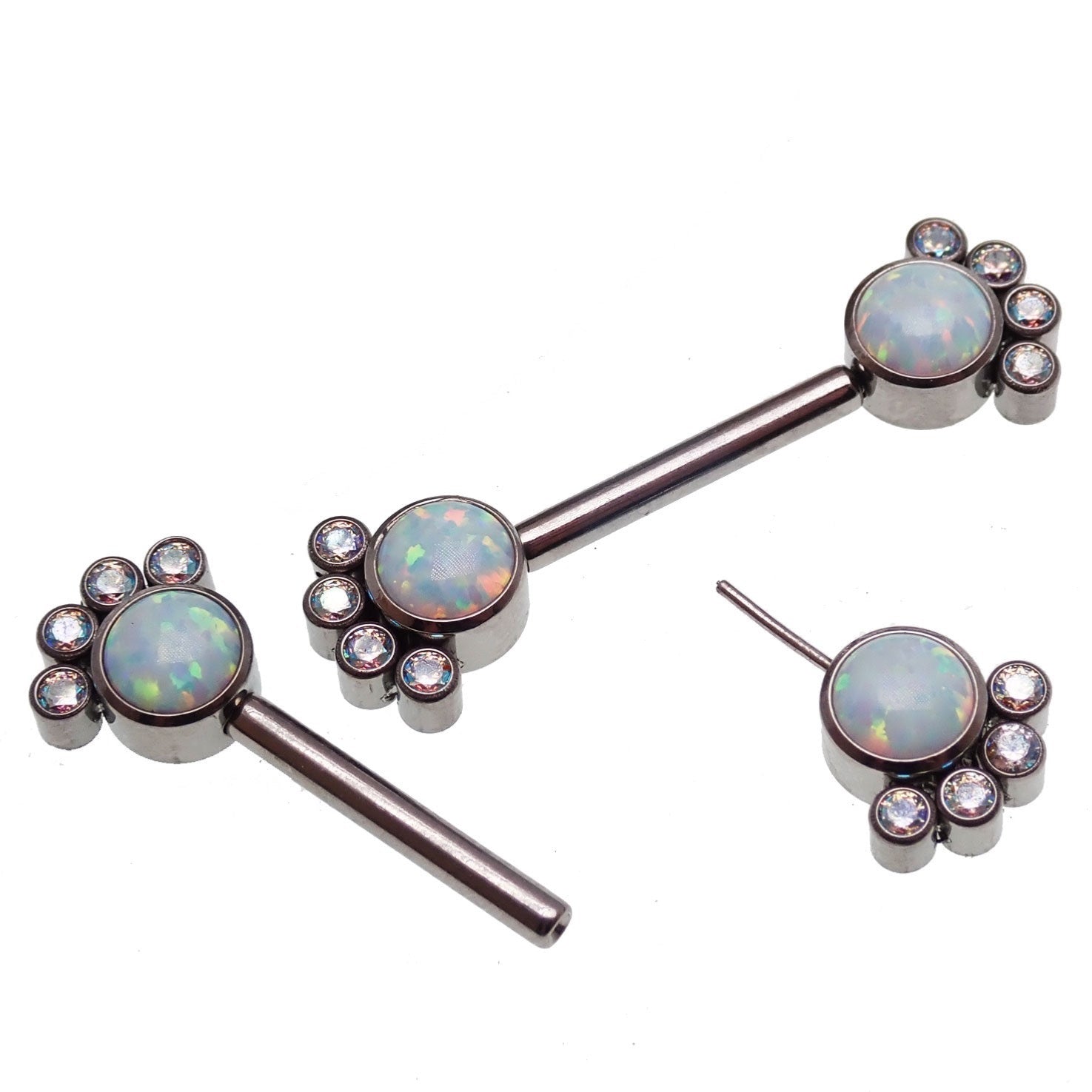 Paw print CZ and white opal nipple bar in 14g body jewelry by Body Clickers with 12mm design.