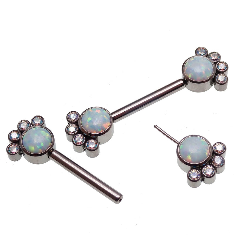 Paw print CZ and white opal nipple bar in 14g body jewelry by Body Clickers with 12mm design.