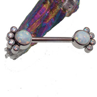 Paw print CZ and white opal nipple bar in 14g body jewelry by Body Clickers, featuring a 12mm paw design.