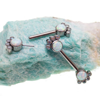 Paw print CZ and white opal nipple bar in 14g body jewelry by Body Clickers, featuring a 12mm paw print design.