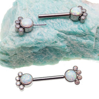 Paw print CZ and white opal nipple bar 14g from Body Clickers, body jewelry with silver-tone paw design and sparkling stones