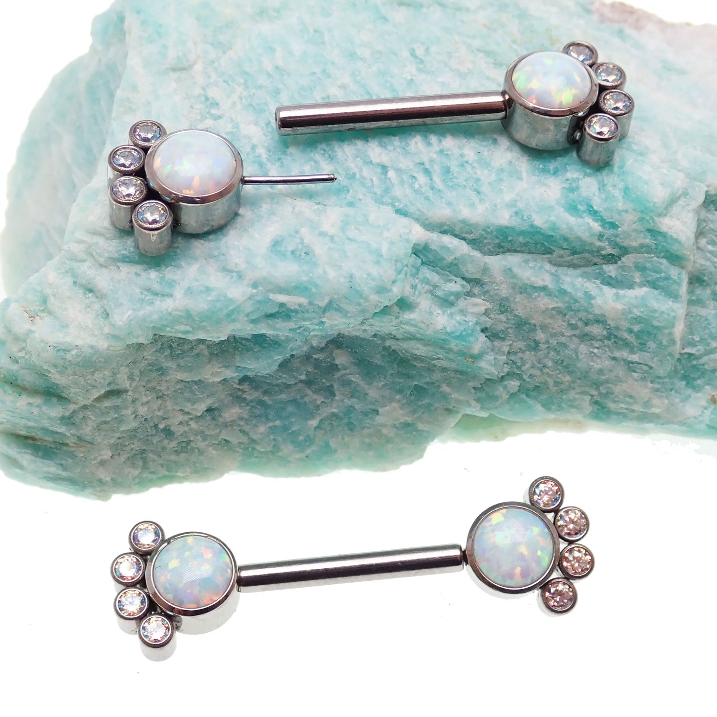 Paw print CZ and white opal nipple bar 14g from Body Clickers, body jewelry with silver-tone paw design and sparkling stones