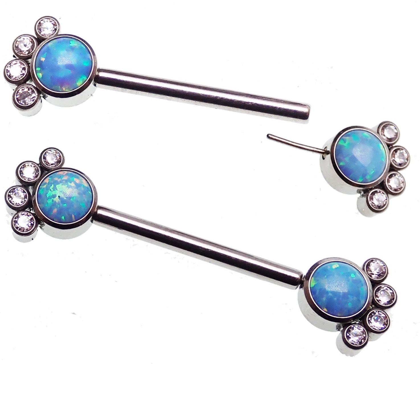 Body Clickers paw print CZ and blue mint opal nipple bar in 14g body jewelry, showcasing detailed paw print design and vibrant colors.
