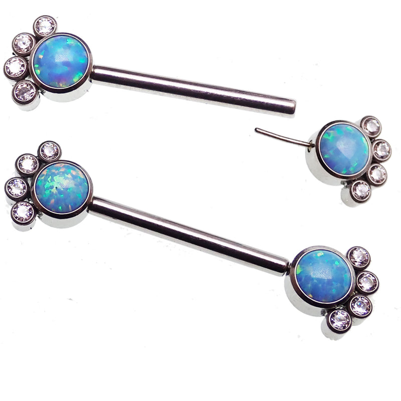 Body Clickers paw print CZ and blue mint opal nipple bar in 14g body jewelry, showcasing detailed paw print design and vibrant colors.