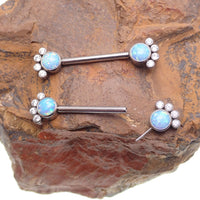 Paw print CZ and blue mint opal nipple bar by Body Clickers, 14g body jewelry with 12mm design and silver-tone finish.
