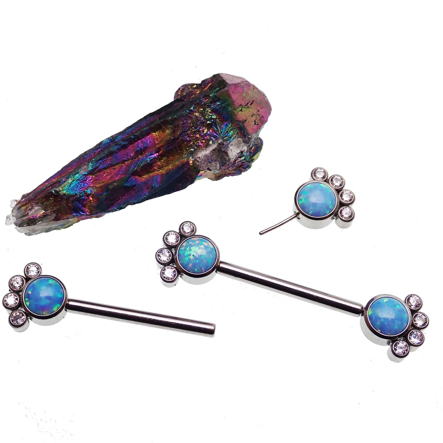 Paw print CZ and blue mint opal nipple bar body jewelry by Body Clickers, 14g, featuring a paw print design and vibrant stones.