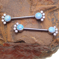 Body Clickers paw print CZ and blue mint opal nipple bar, 14g body jewelry with paw print design and colorful gemstones.