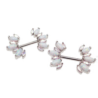 Rainbow CZ and white opal silver steel nipple bar in 14g body jewelry, featuring colorful stones and sleek silver design.