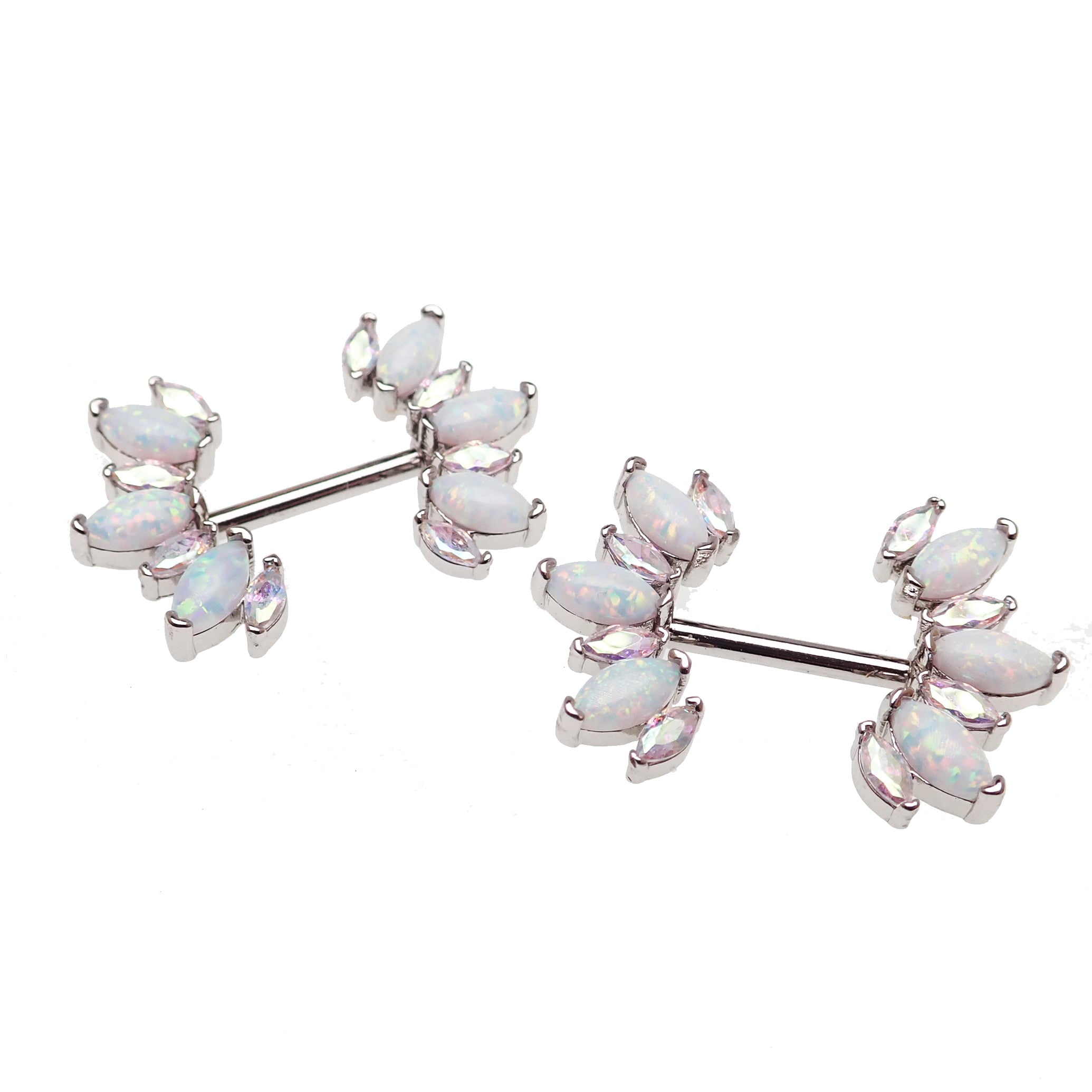 Rainbow CZ and white opal silver steel nipple bar in 14g body jewelry, featuring colorful stones and sleek silver design.