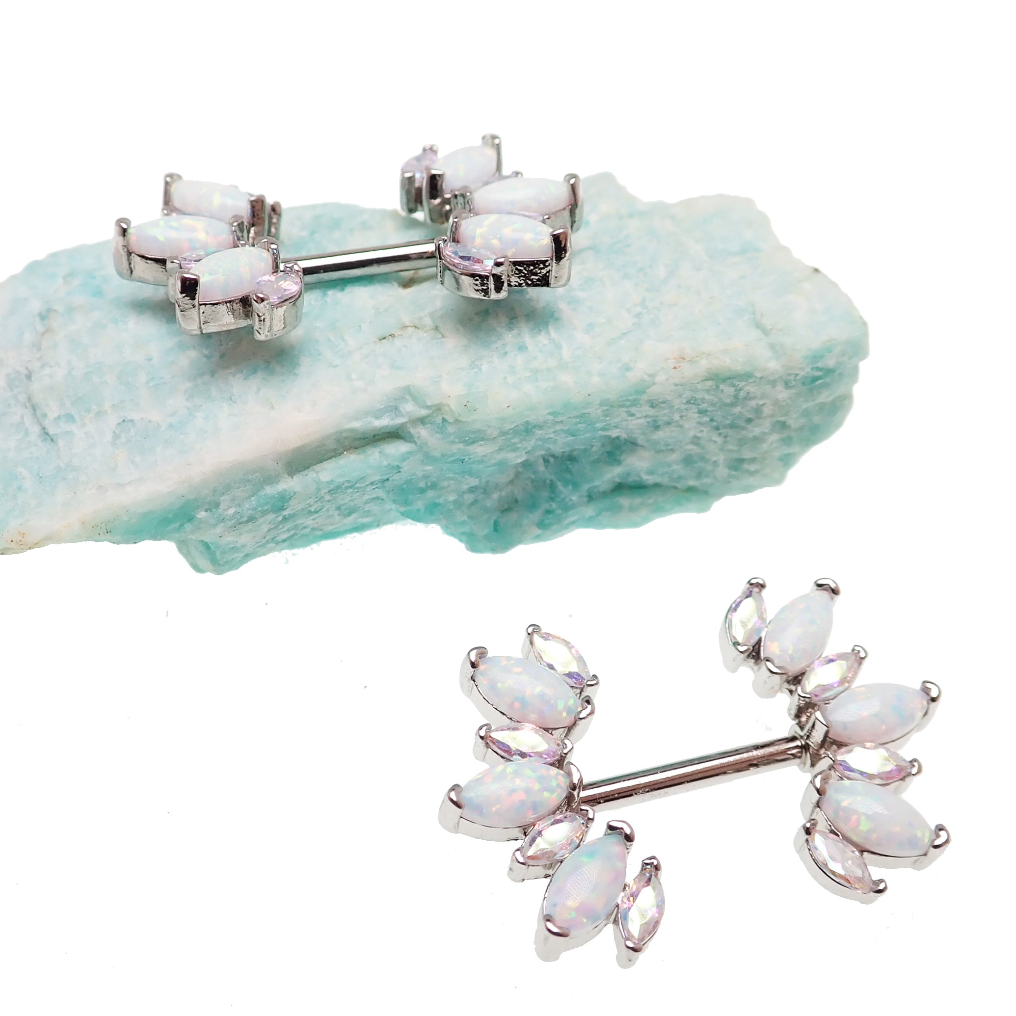 Rainbow CZ and white opal silver steel nipple bar in 14g, body jewelry with colorful stones and sleek metal finish.