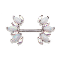 Rainbow CZ and white opal silver steel nipple barbell, 14g body jewelry with colorful gemstones and sleek metal design.