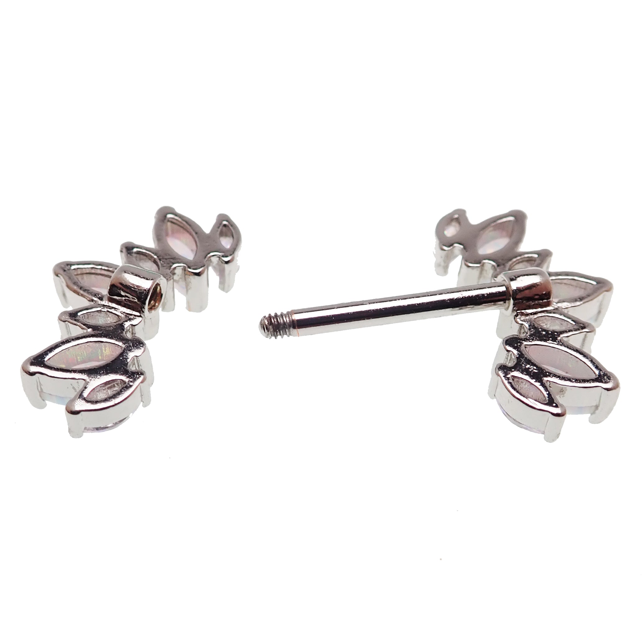 Rainbow CZ and white opal silver steel nipple bar in 14g, body jewelry featuring colorful gemstones and sleek silver finish.