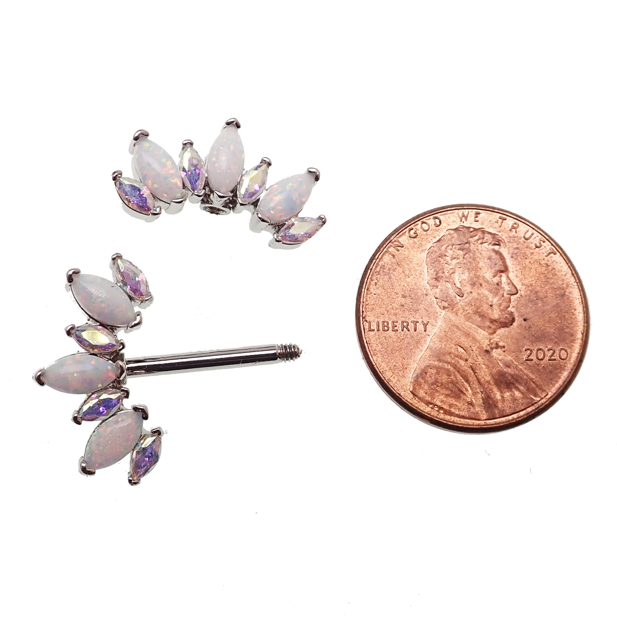 Rainbow CZ and white opal silver steel nipple bar in 14g body jewelry, featuring colorful stones and sleek silver design