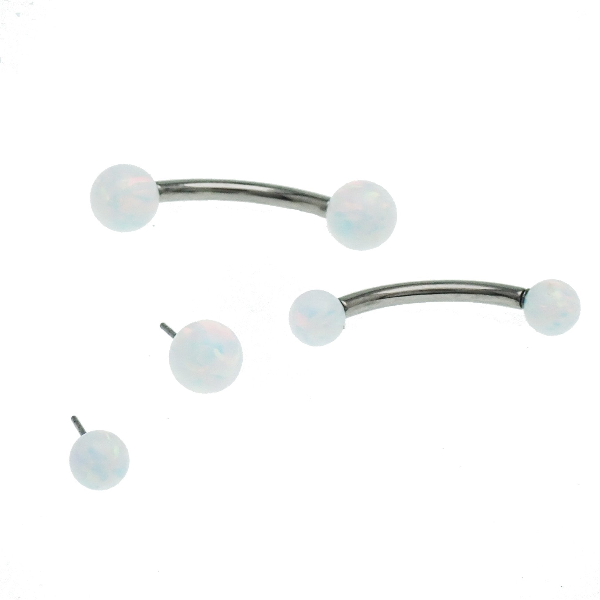 White opal push fit curve belly bar body jewelry in 14g and 16g with 10mm length and 4mm opal for body piercing.