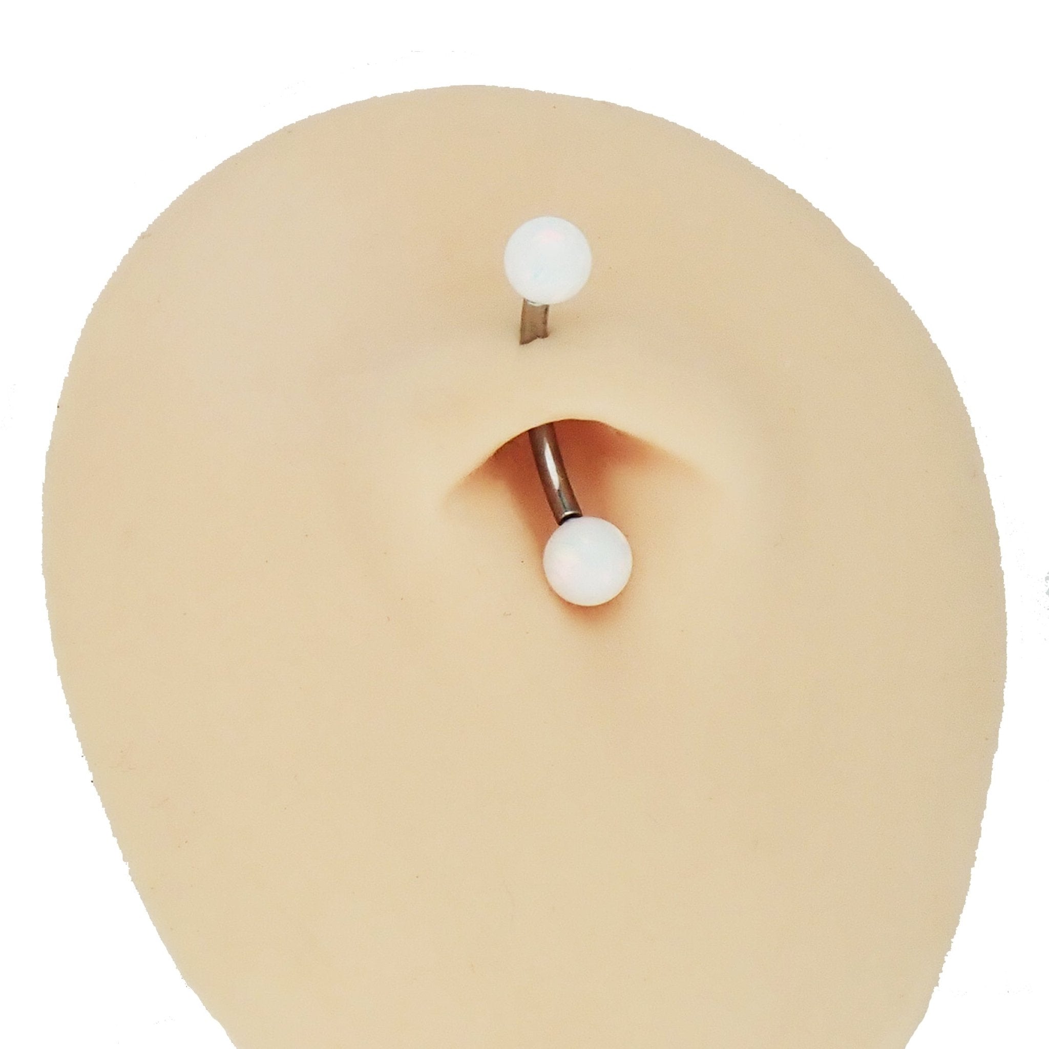 White opal push fit curve belly bar body jewelry by Body Clickers, 14g or 16g with 10mm length and 4mm opal.