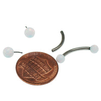 White opal push fit curve belly bar body jewelry by Body Clickers in 14g and 16g with 10mm length and 4mm opal.
