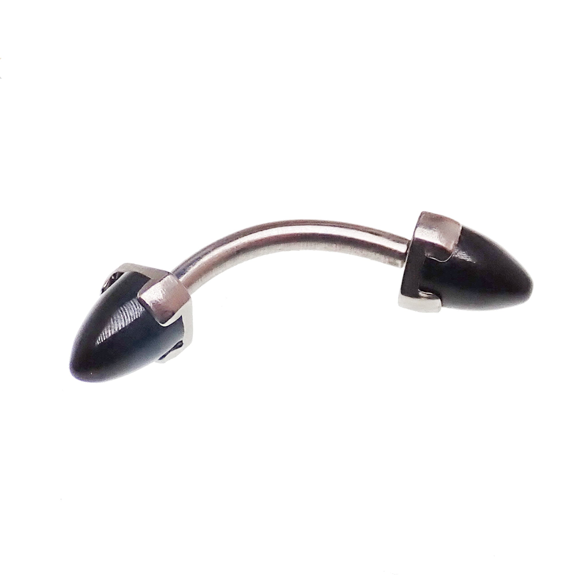 Black Onyx 4mm push fit titanium curve bar body jewelry in 14g and 16g, featuring a sleek black gemstone and smooth curved design.