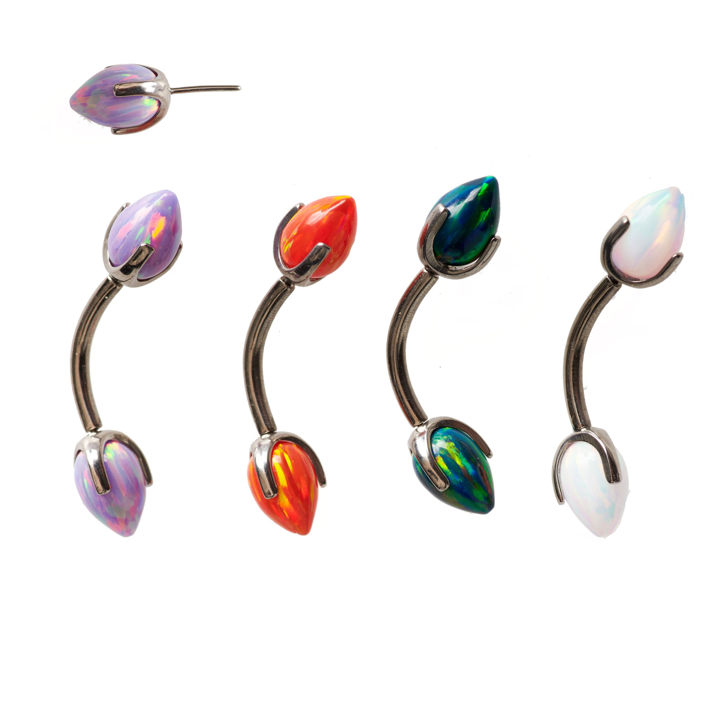 Body Clickers Opal Bullet Push Fit Curve body jewelry in 14g and 16g with galaxy-colored opal and 10mm curve design.