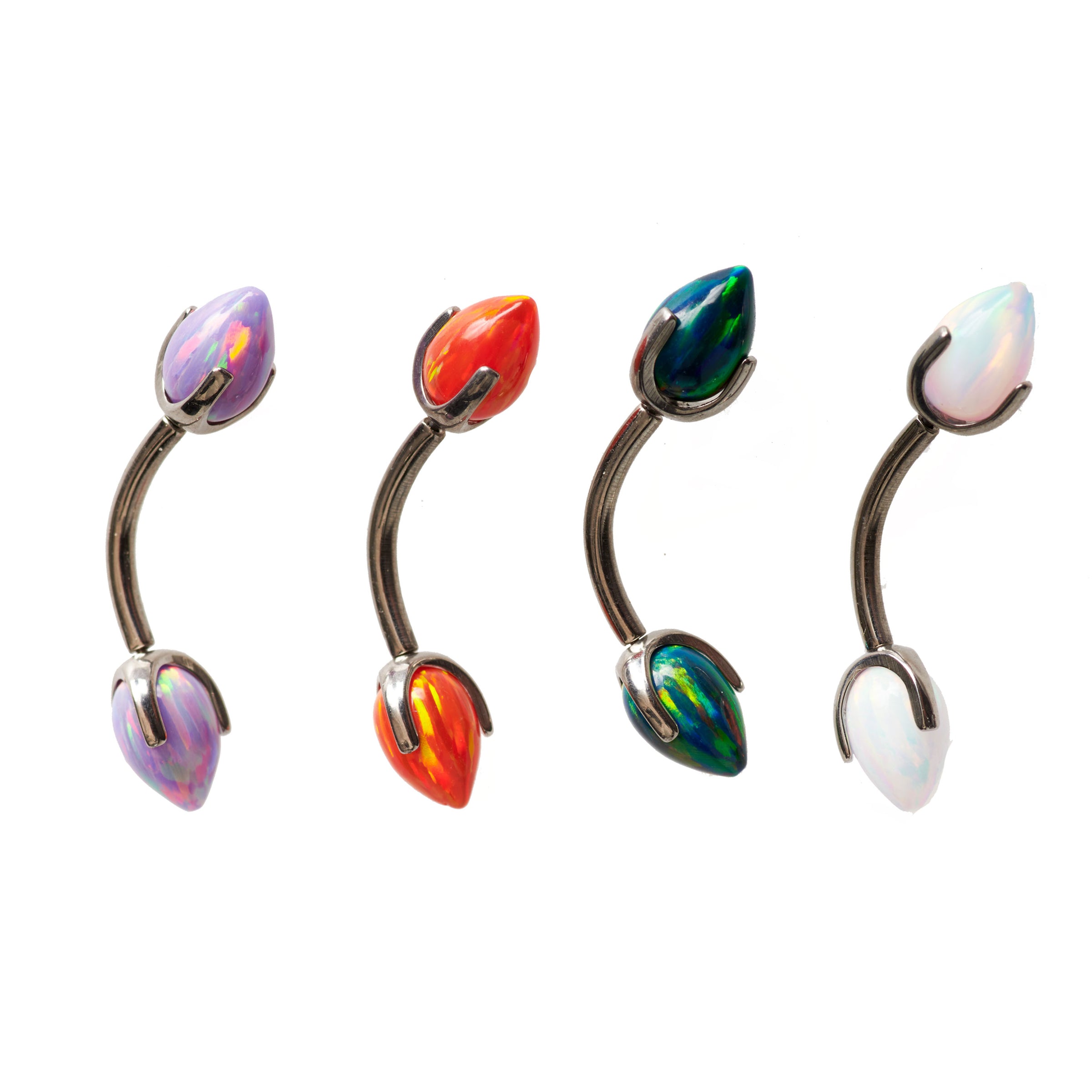 Opal Bullet Push Fit Curve body jewelry by Body Clickers in 14g and 16g with galaxy-colored opal and curved design.