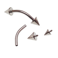Curved spike barbell piercing in 14g or 16g, Body Clickers body jewelry with 6mm and 4mm spikes.