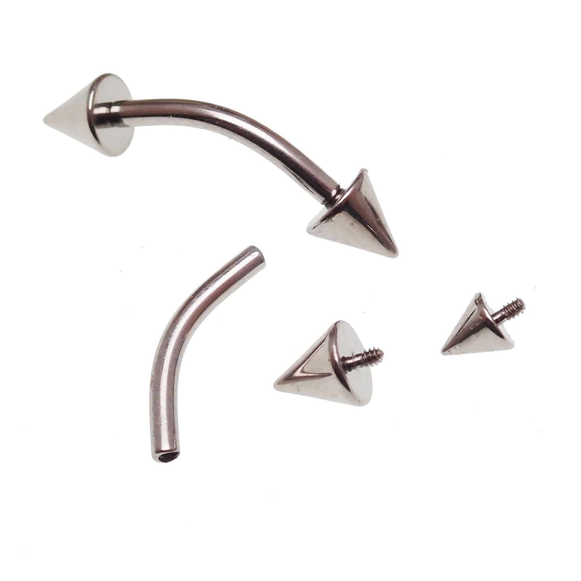 Curved spike barbell piercing in 14g or 16g, Body Clickers body jewelry with 6mm and 4mm spikes.
