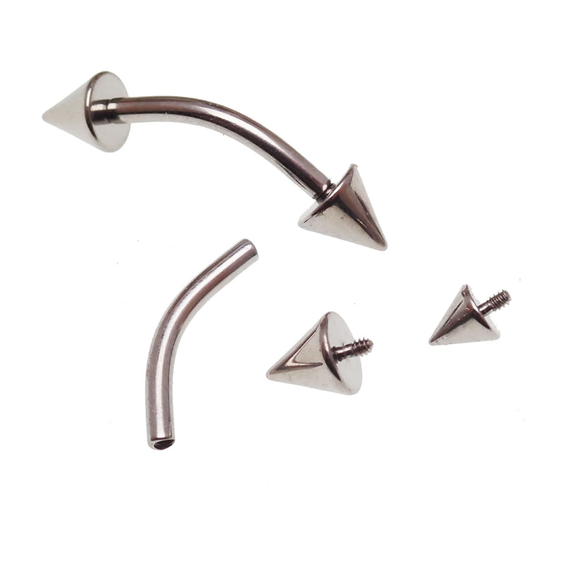 Curved spike barbell piercing in 14g or 16g, Body Clickers body jewelry with 6mm and 4mm spikes.