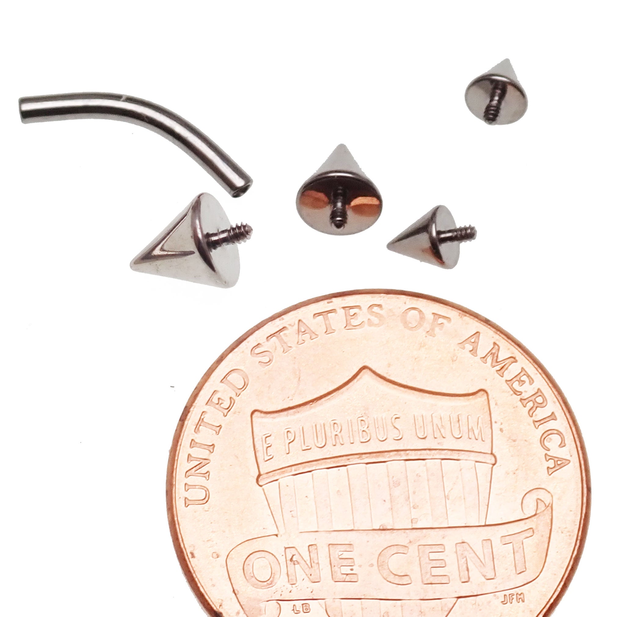 Curved spike barbell piercing in 14g or 16g, Body Clickers body jewelry with 6mm and 4mm spikes.