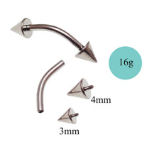 Curved spike barbell piercing in 14g or 16g body jewelry, featuring a 6mm curve and 4mm spike from Body Clickers.