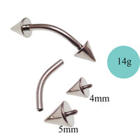 Curved spike barbell piercing in 14g or 16g, Body Clickers body jewelry with 6mm and 4mm spike design.