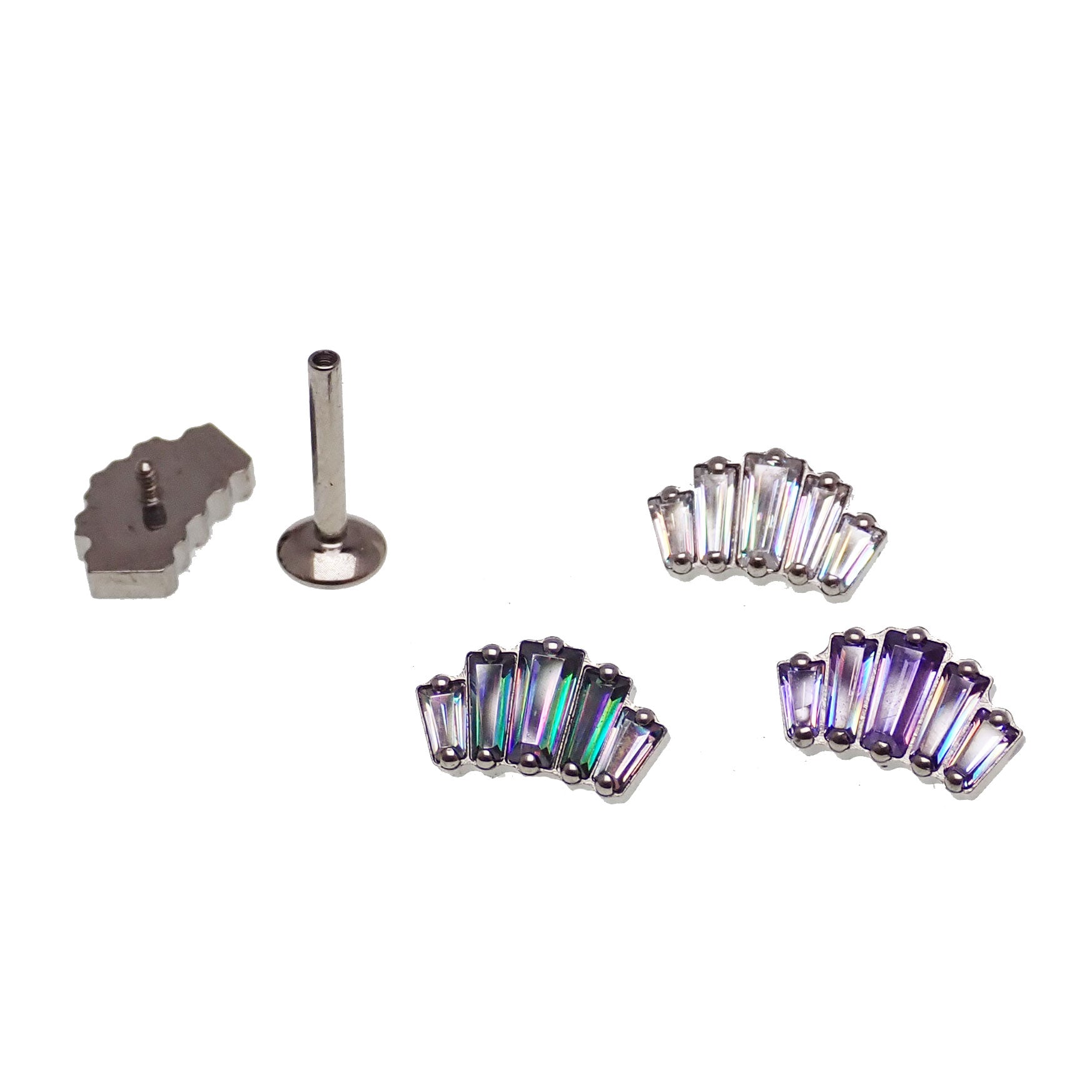 Body Clickers Baguette CZ Cluster flat back body jewelry in 14g, 16g, and 18g with sparkling baguette-cut cubic zirconia stones.