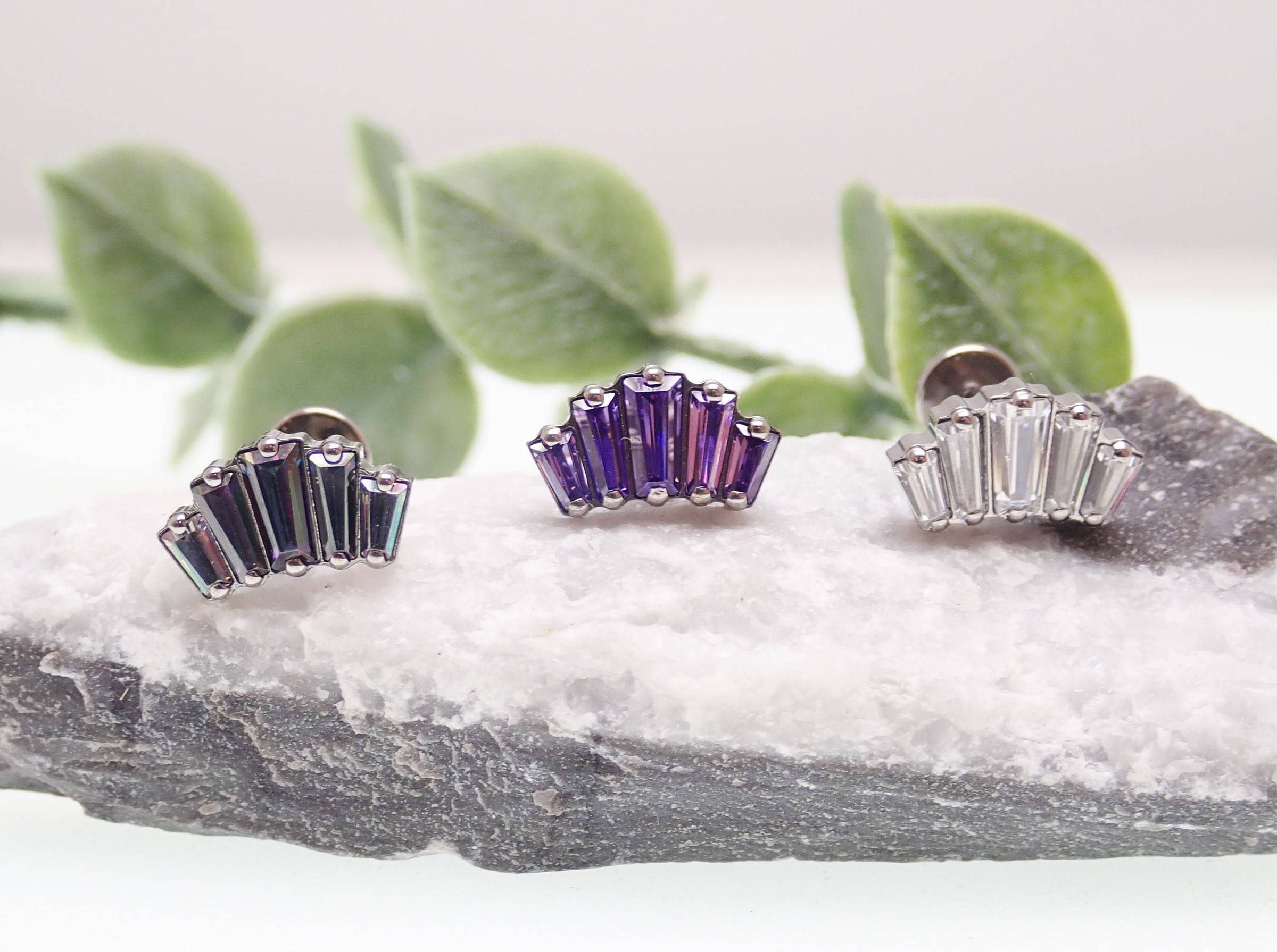 Baguette CZ cluster flat back body jewelry earrings from Body Clickers, suitable for helix, conch, or ear piercings in 14g, 16g, 18g