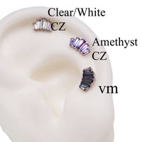 Body Clickers Baguette CZ Cluster flat back body jewelry in 14g, 16g, 18g for ear helix, conch, and cartilage piercings.