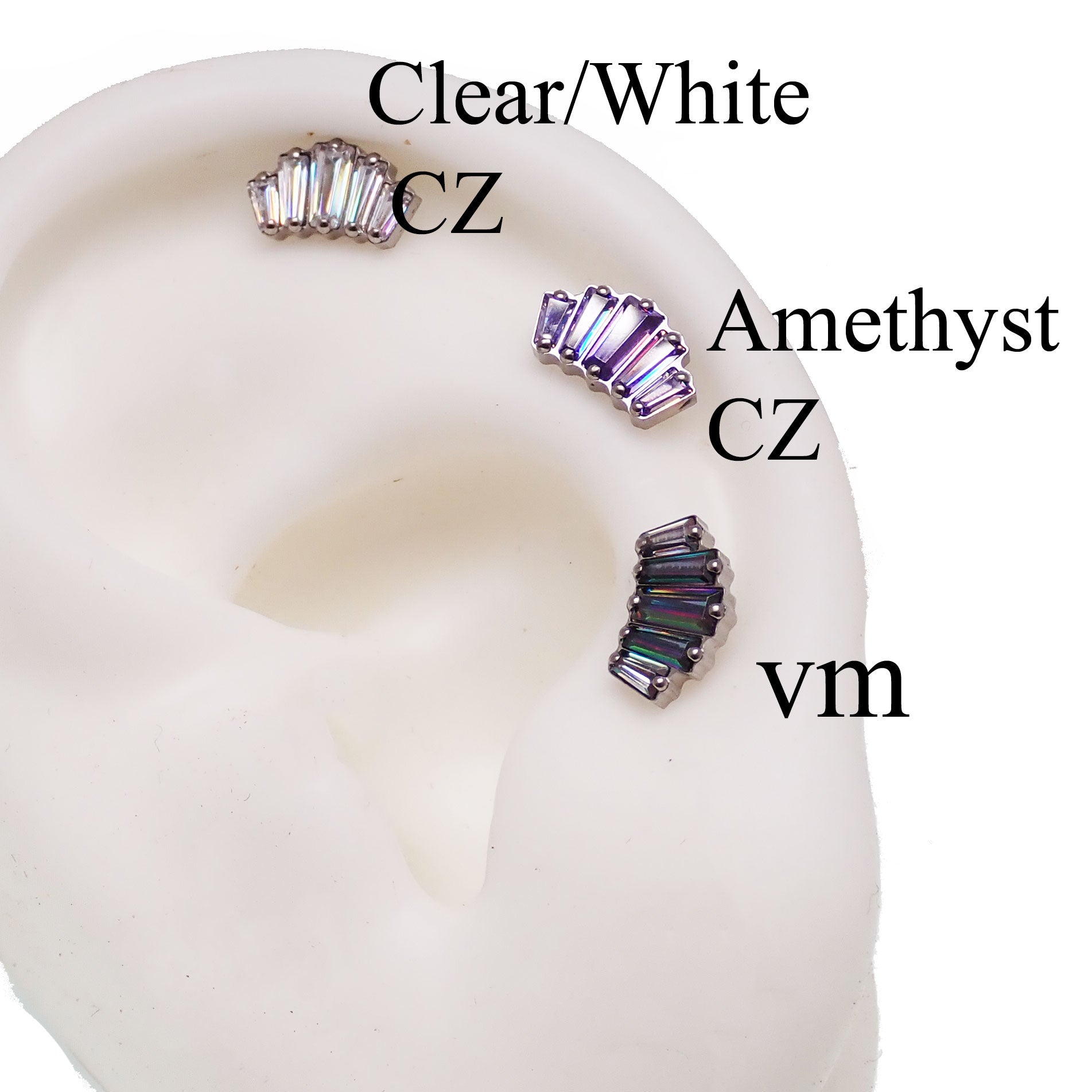 Body Clickers Baguette CZ Cluster flat back body jewelry in 14g, 16g, 18g for ear helix, conch, and cartilage piercings.
