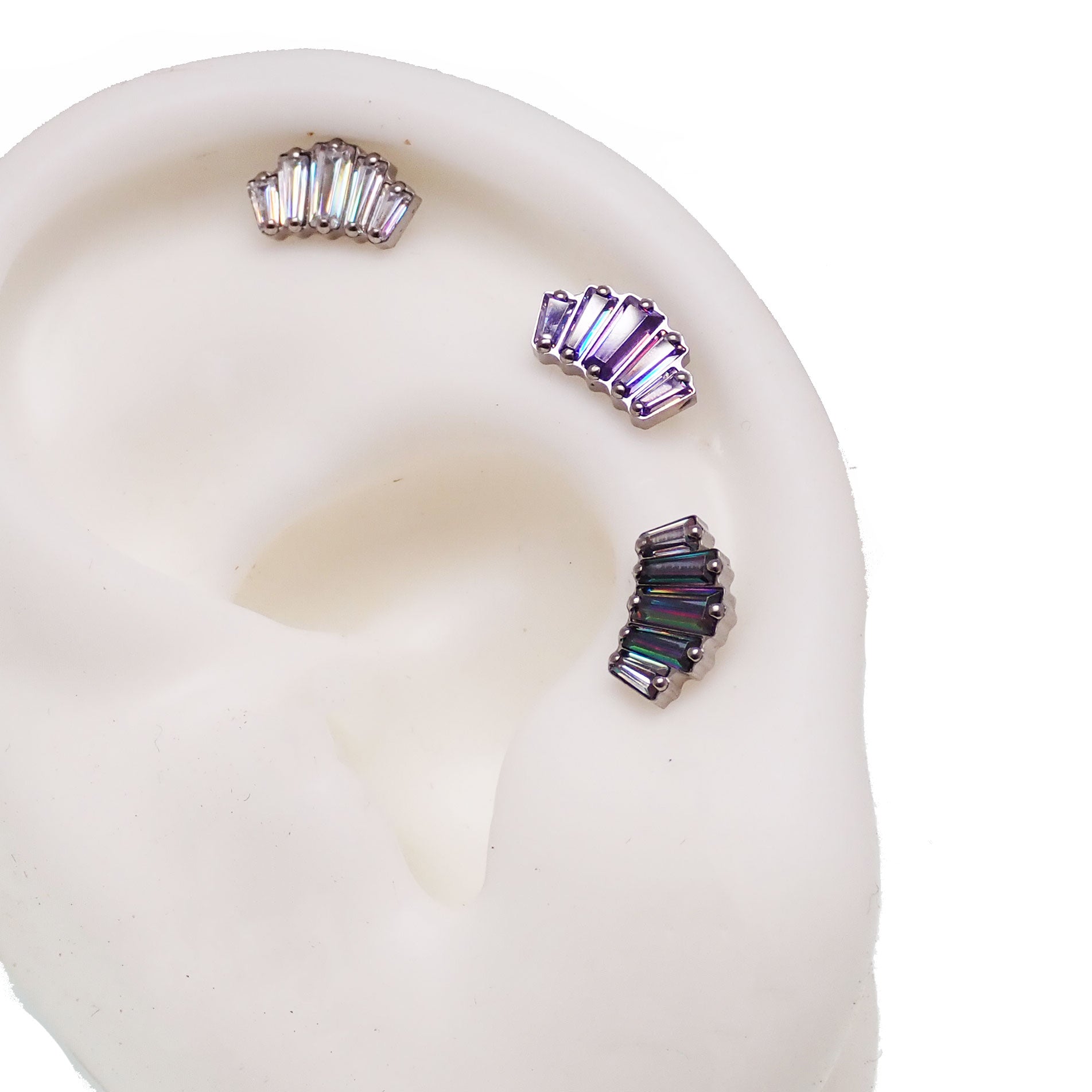 Body Clickers Baguette CZ Cluster Flat Back body jewelry for helix piercing, available in 14g, 16g, and 18g sizes.